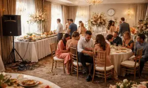 Réception de mariage à Strasbourg. Des invités sont assis à des tables décorées, un buffet est dressé.