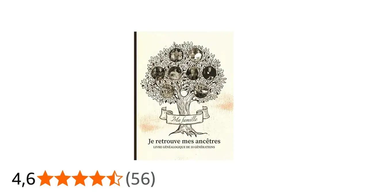 Livre "Je retrouve mes ancêtres", illustré d'un arbre généalogique avec des portraits de mes ancêtres.