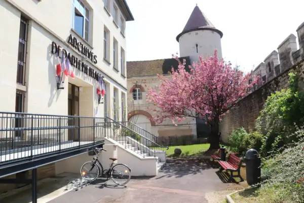 Devant les Archives départementales de l'Yonne, un cerisier en fleurs borde une allée avec un banc et une poubelle.